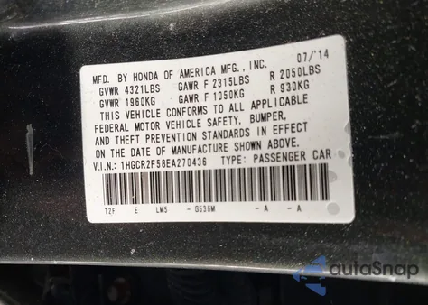 2014 Honda Accord Sport from USA, damaged, VIN 1HGCR2F58EA270436